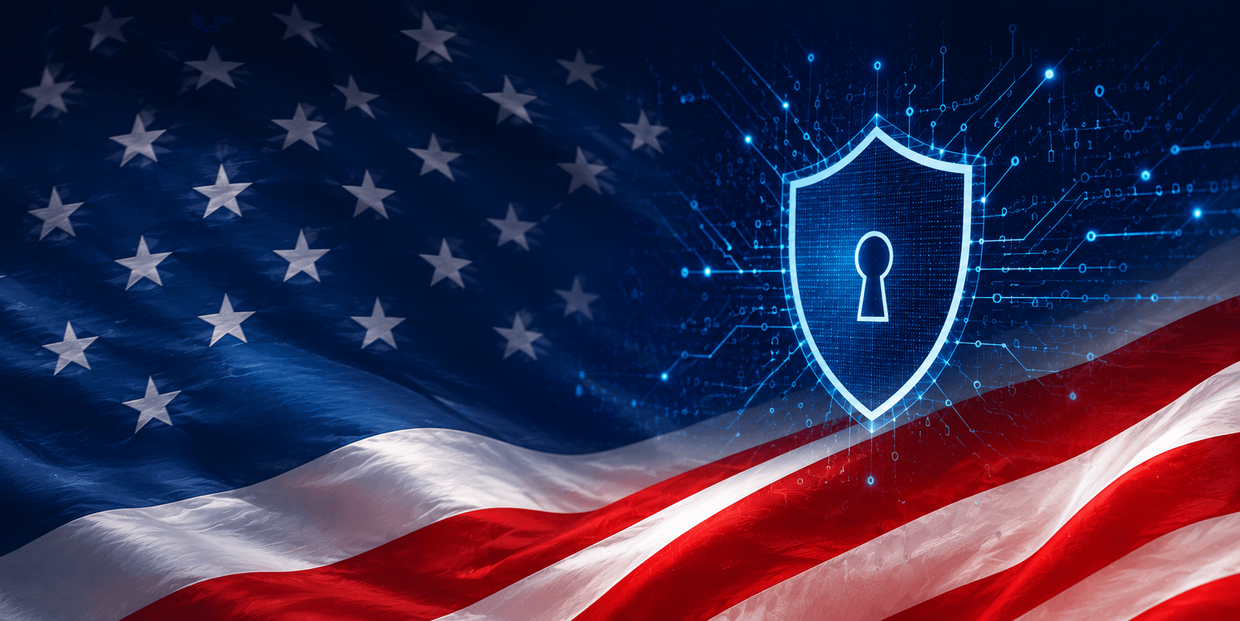 American flag with a digital security shield, representing ForgeVIO's cryptographic license protection